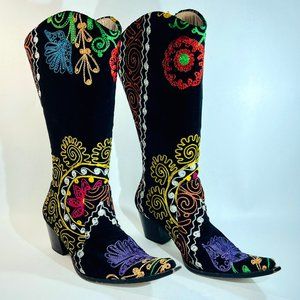 Zeyzani Black Velvet Embroidered, One-of-a-kind, Cowboy Boots, Western, Boho